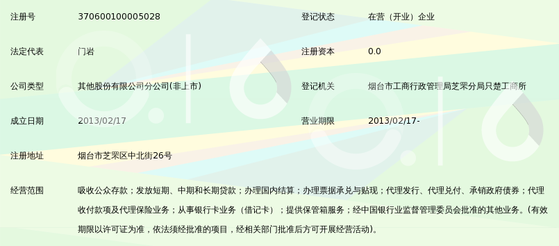 烟台农村商业银行股份有限公司芝罘区宫家岛分